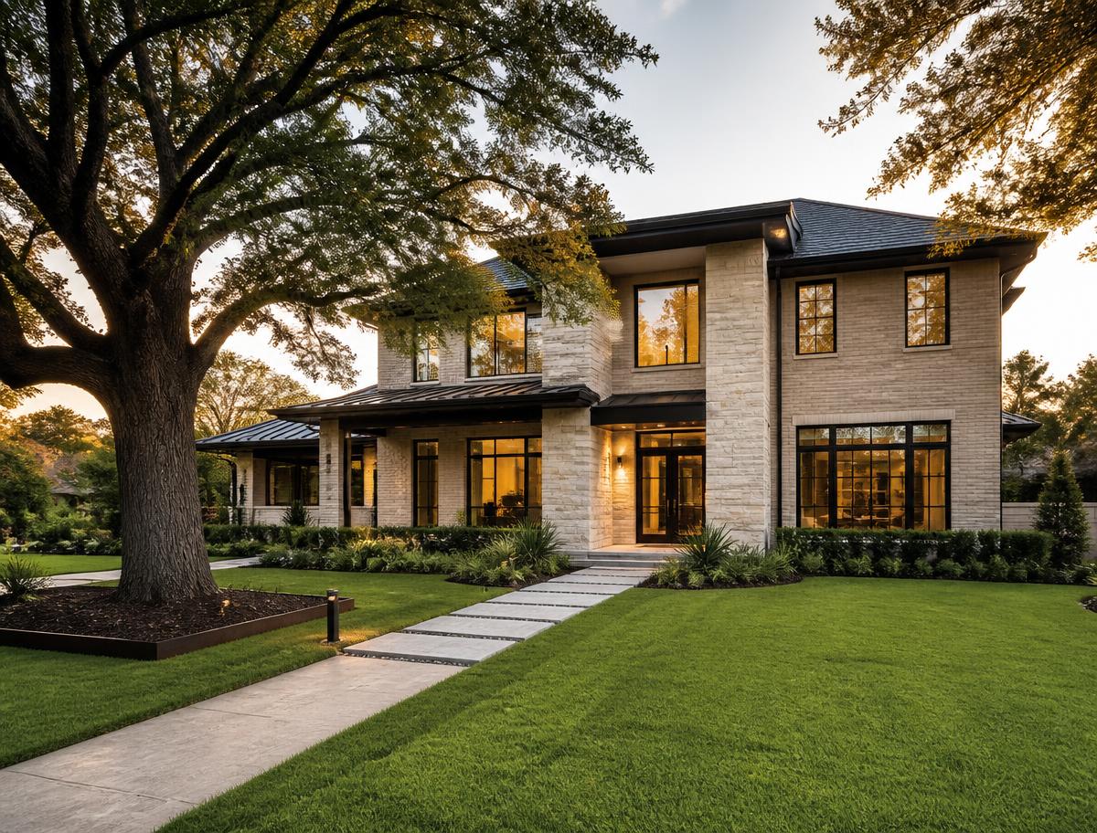 Contemporary Dallas home with brick and limestone facade under mature oak trees