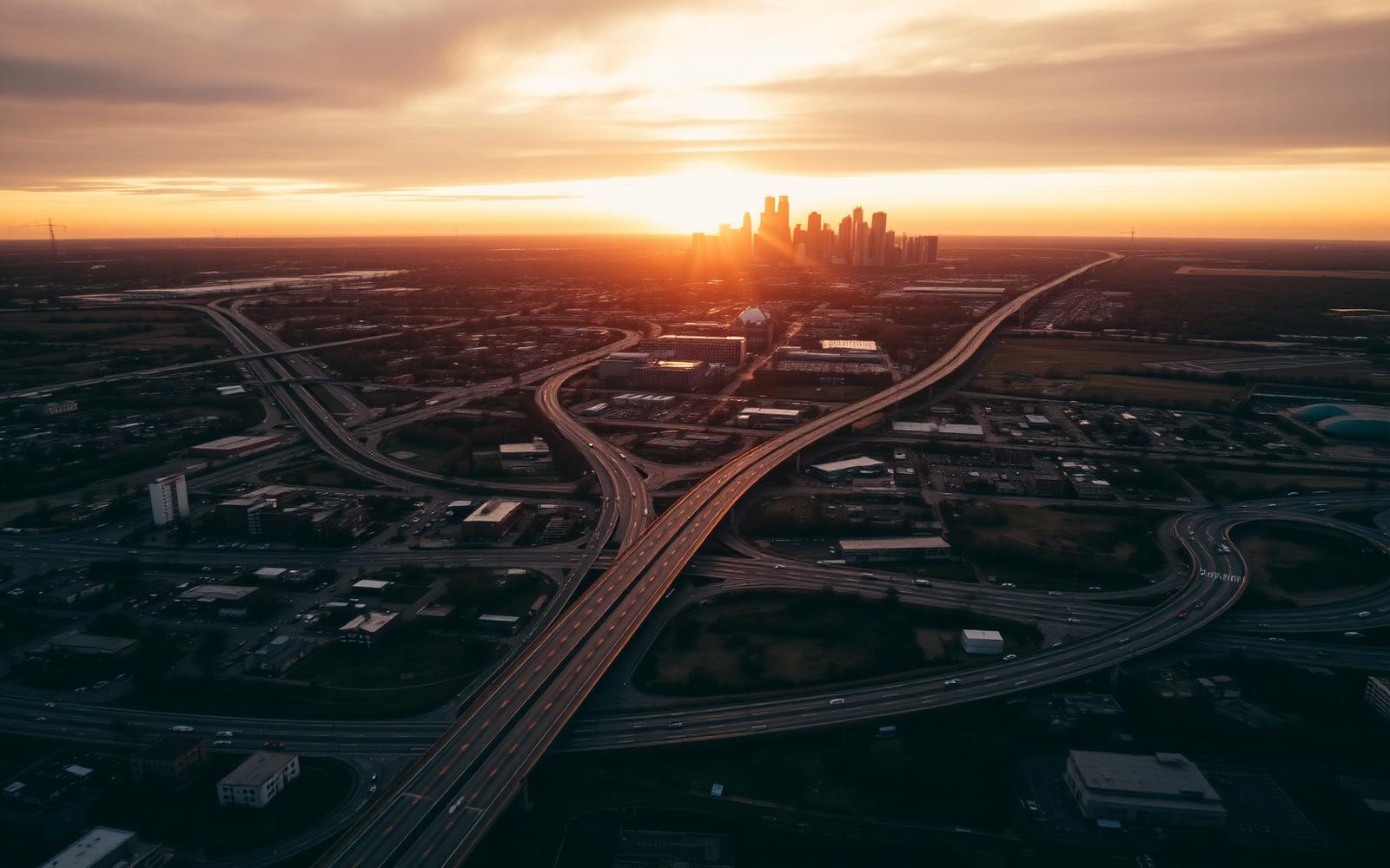 Aerial view of the Dallas–Fort Worth metroplex at sunrise